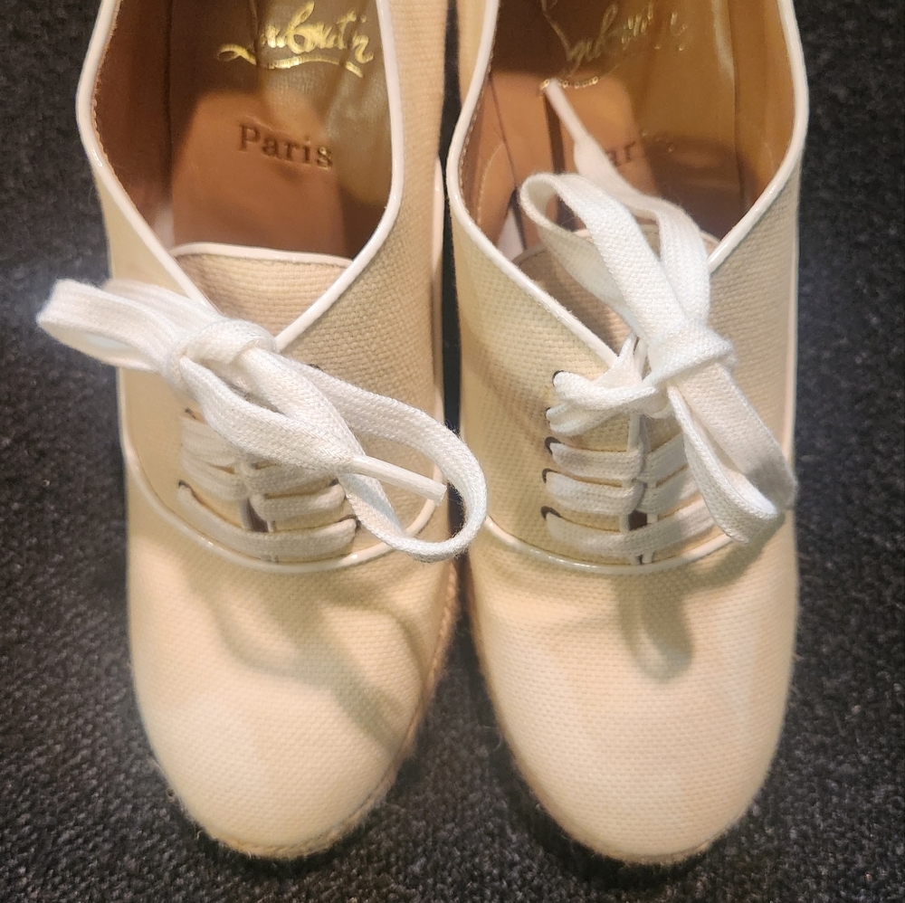 Christian Louboutin Canvas Beige Espadrille Wedges Lace up EU 37/ US 6-7 - Picture 3 of 9